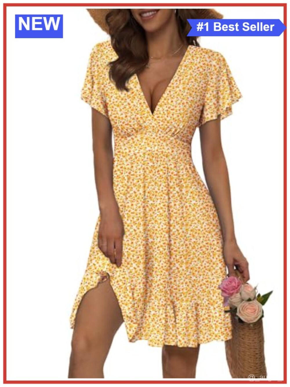 Women's Floral Wrap V-Neck Ruffle A-Line Sun Dress